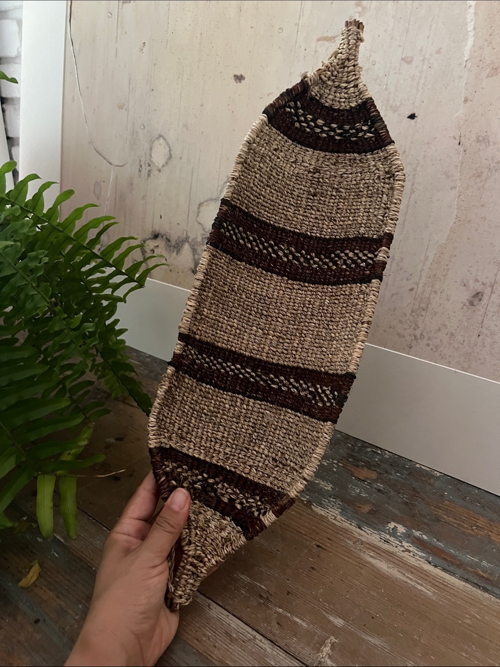 Vintage Ethiopian African Hand-Woven Striped Gambela Canoe Bread Basket